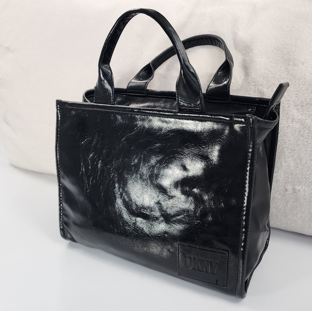 DKNY Hadlee Medium Tote Patent Leather Zipper Closure Black Bag